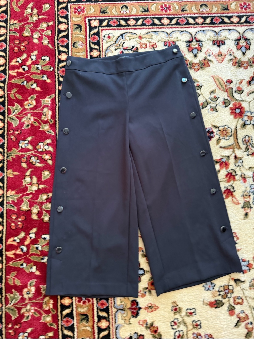 LOFT Black Button-Trim Cropped Wide-Leg Pants